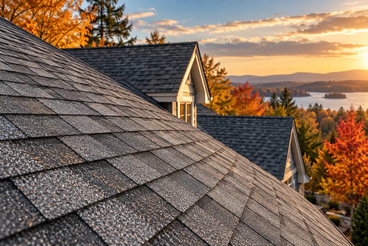 Gray asphalt shingles on a roof with autumn trees in the background.