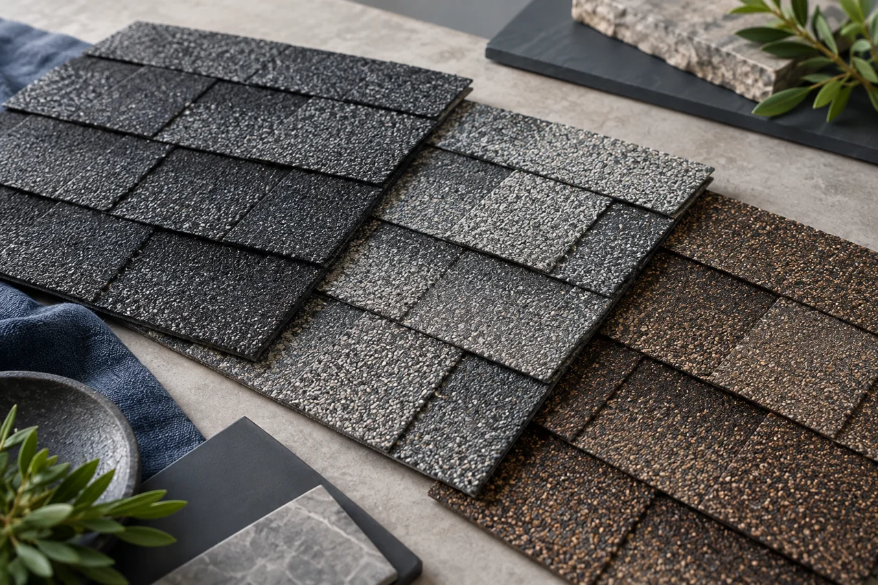 Illustrative architectural shingle samples in charcoal, gray, and brown.