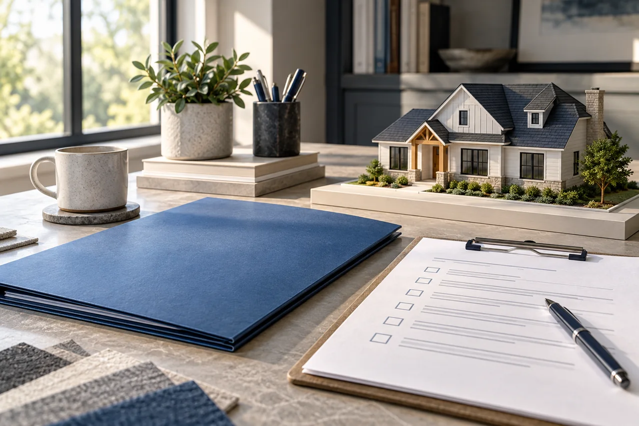 A contractor checklist, blue folder, and model house on a desk.