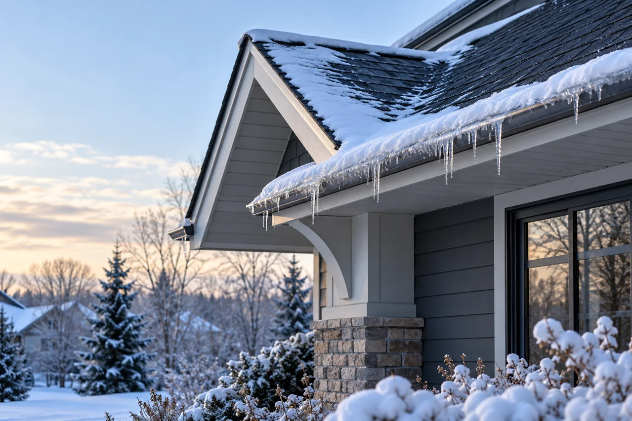 Snow and icicles along the eaves of a house in winter.