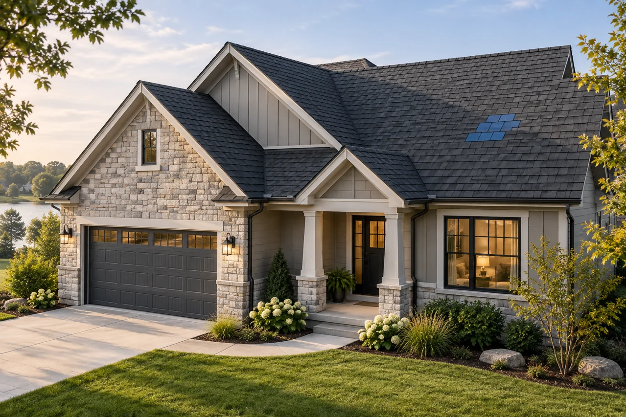 House with a small roof area highlighted to illustrate a localized repair discussion.