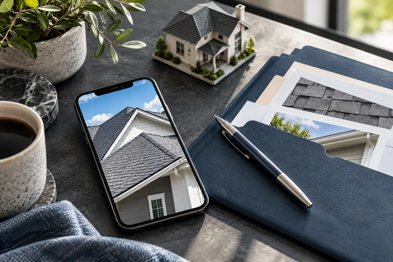 A phone displaying a roof image beside organized documents.