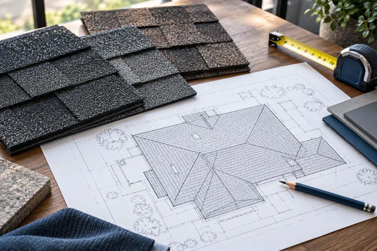 Shingle samples, a roof plan, pencil, and measuring tape on a desk.