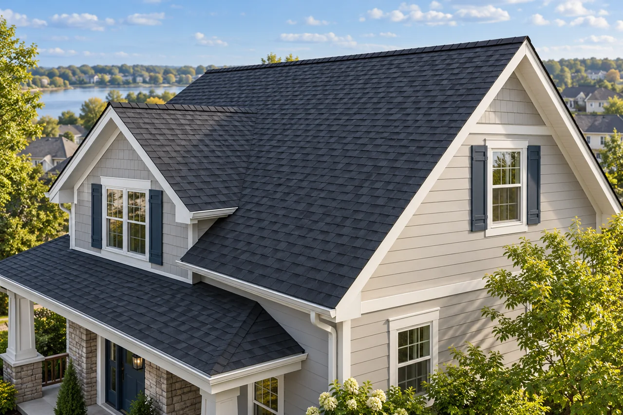 A gabled house showing the roof ridge and eaves.
