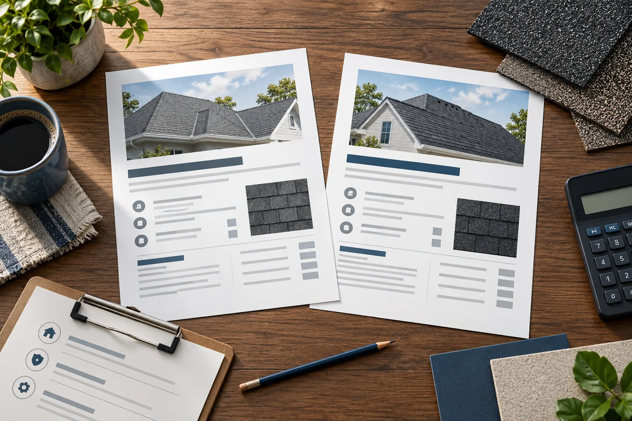 Two roofing proposals laid out beside a shingle sample and calculator.