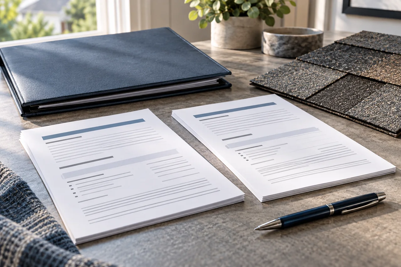 Two sets of documents beside a shingle sample and pen.